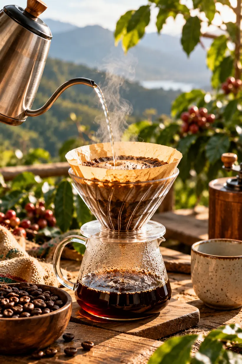 A pour over brewing on a farm table