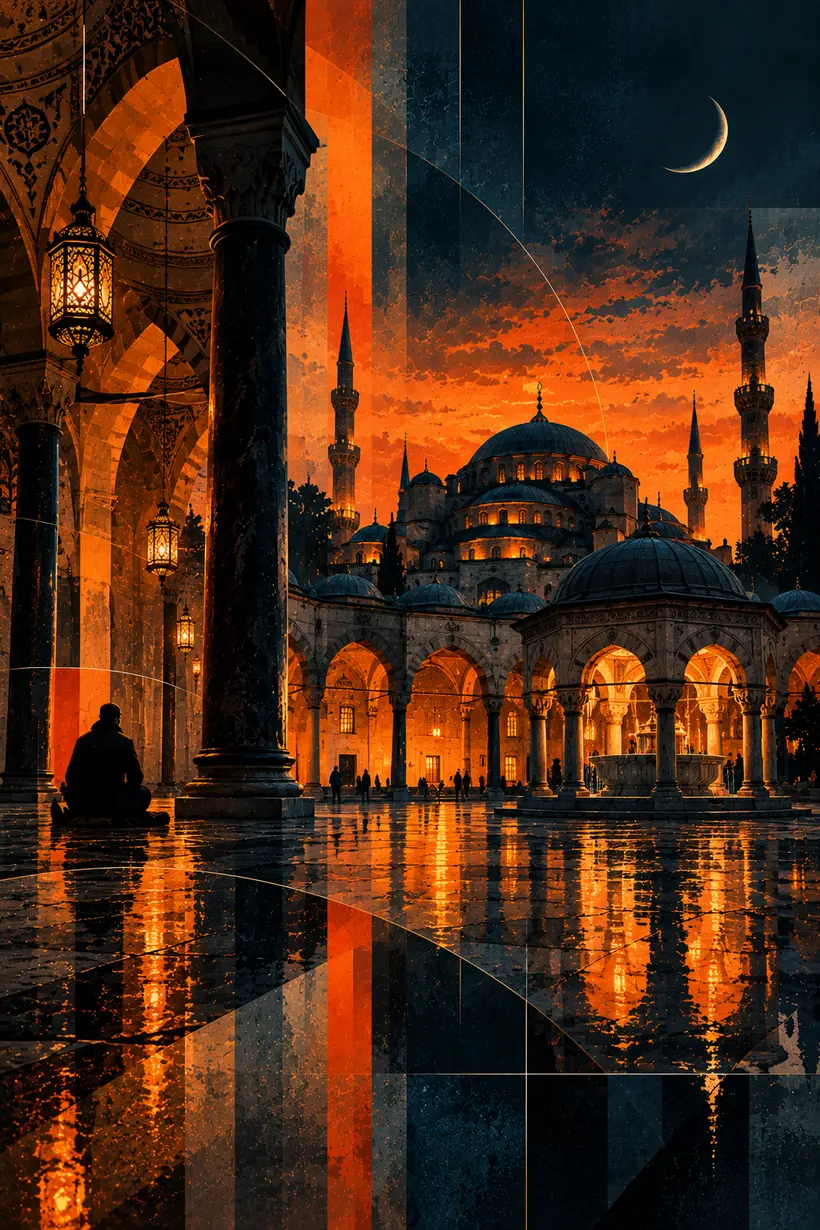 A mosque courtyard at sunset reflected on wet marble