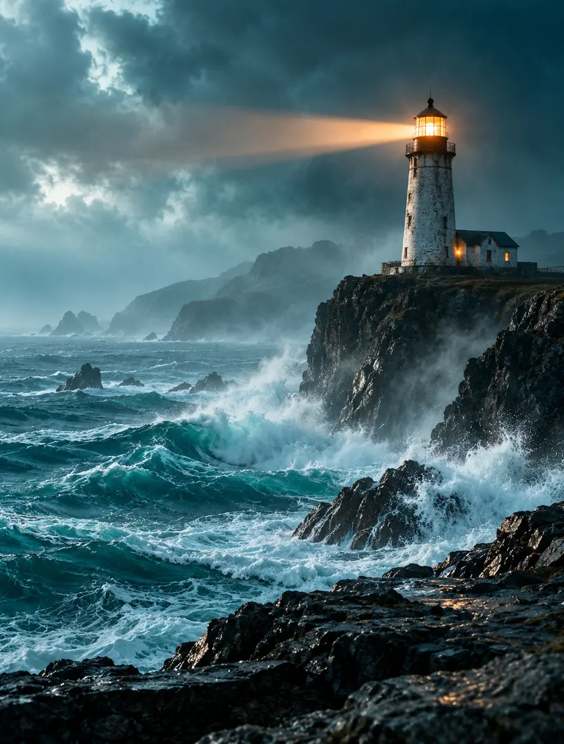 A lighthouse above crashing waves